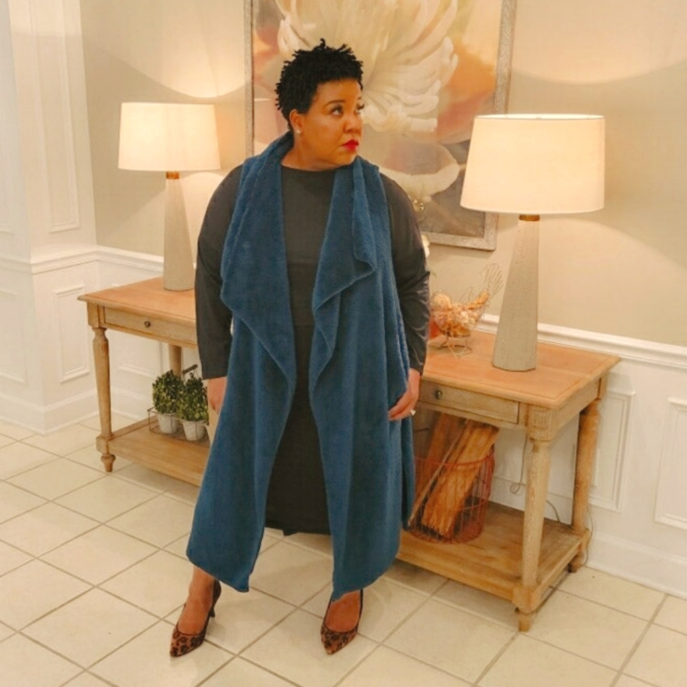 Oversized Waterfall Collar Long Vest | Teal Green Open Front Layering Piece (S)